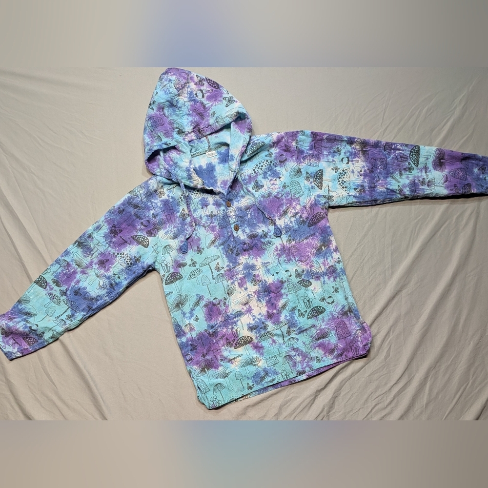 Tye Dye Mushroom Lightweight 100% Cotton Pullover Hoodie Sz S/M